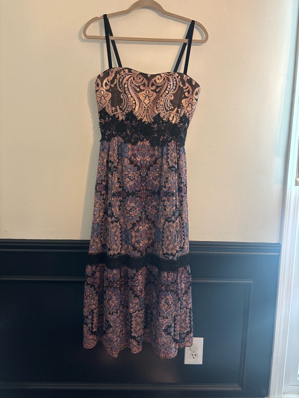nanette lepore Floral Lace-Trim Sequin Spaghetti Strap Midi Dress - Black/Pink